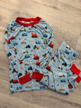 Light Blue Kids Construction Vehicle Pajama Set with Red Trim